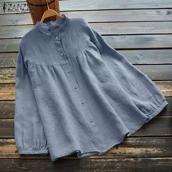 ZANZEA Женская повседневная однотонная хлопковая блузка с круглым вырезом и длинными рукавами 4XL белый