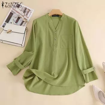 ZANZEA Женская повседневная однотонная хлопковая блузка с длинным рукавом и v-образным вырезом
