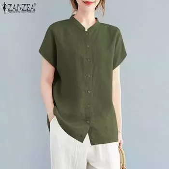 ZANZEA Женская повседневная однотонная летняя блузка с круглым вырезом и коротким рукавом 4XL тёмно-синий