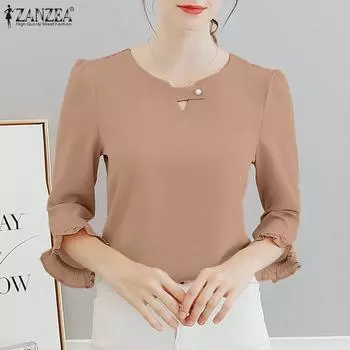 ZANZEA Женская повседневная однотонная летняя блузка с круглым вырезом и рукавами 3/4