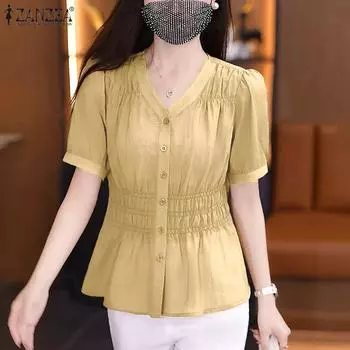 ZANZEA Женская повседневная однотонная летняя блузка с v-образным вырезом и коротким рукавом L оранжевый