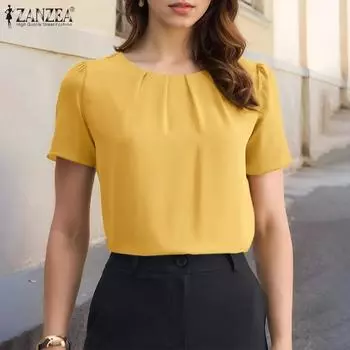 ZANZEA Женская повседневная однотонная летняя блузка с круглым вырезом и коротким рукавом XL темно-синий