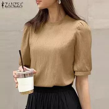 ZANZEA Женская повседневная однотонная летняя блузка с круглым вырезом и коротким рукавом S хаки