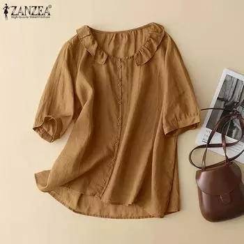 ZANZEA Женская повседневная однотонная летняя блузка с круглым вырезом и короткими рукавами