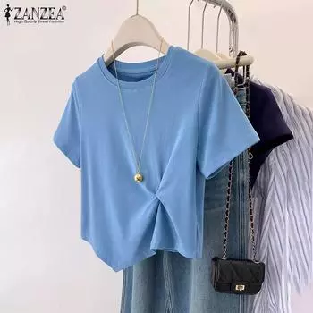 ZANZEA Женская повседневная однотонная летняя футболка с коротким рукавом и круглым вырезом S чёрный