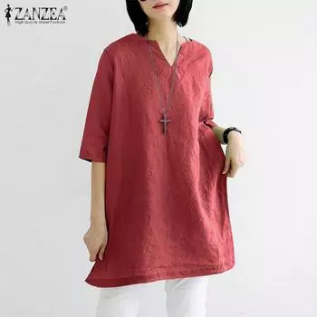 ZANZEA Женская повседневная однотонная летняя свободная блузка с v-образным вырезом и короткими рукавами