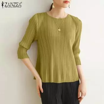 ZANZEA Женская повседневная однотонная плиссированная блузка с круглым вырезом и рукавами 3/4 S розовый