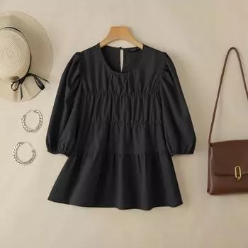 ZANZEA Женская повседневная однотонная свободная блузка с круглым вырезом и коротким рукавом чёрный