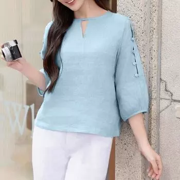 ZANZEA Женская повседневная однотонная свободная блузка с круглым вырезом и рукавом 3/4 S