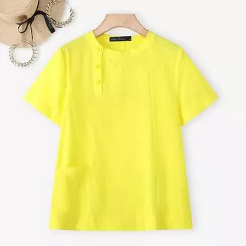 ZANZEA Женская повседневная однотонная свободная блузка с круглым вырезом и коротким рукавом S жёлтый