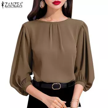 ZANZEA Женская повседневная однотонная свободная блузка с круглым вырезом и рукавами 3/4 M зелёный