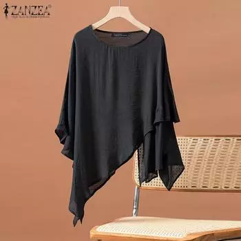 ZANZEA Женская повседневная однотонная свободная блузка с круглым вырезом и длинными рукавами, нерегулярный подол S серый