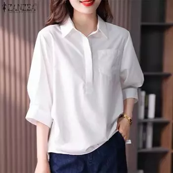 ZANZEA Женская повседневная однотонная свободная блузка с отложным воротником и рукавами 3/4