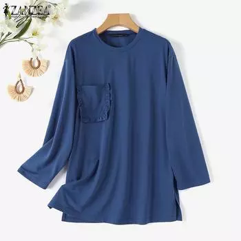ZANZEA Женская повседневная однотонная свободная блузка с длинным рукавом и круглым вырезом S темно-зеленого