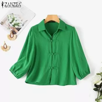 ZANZEA Женская повседневная однотонная свободная блузка с отложным воротником и рукавами 3/4
