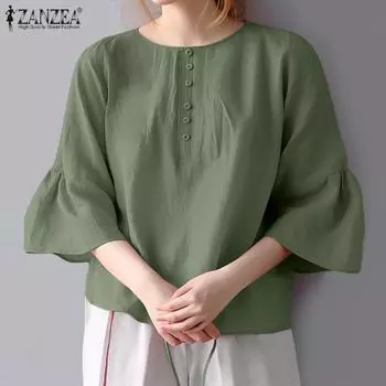 ZANZEA Женская повседневная однотонная свободная блузка с круглым вырезом и половиной рукавов S зелёный