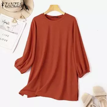 ZANZEA Женская повседневная однотонная свободная блузка с круглым вырезом и рукавами 3/4 M оранжевый