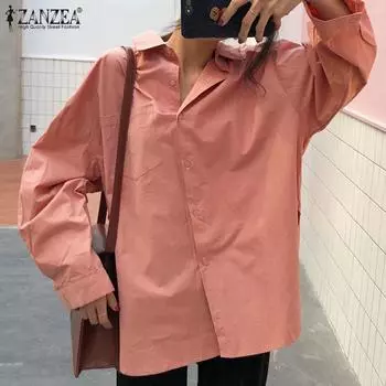 ZANZEA Женская повседневная однотонная свободная блузка с длинным рукавом и отложным воротником