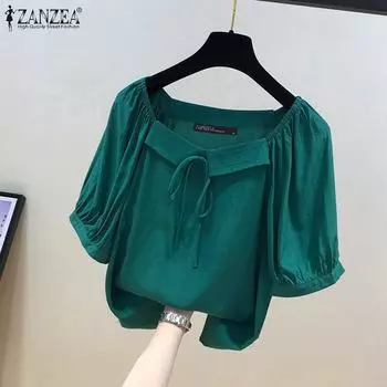ZANZEA Женская повседневная однотонная свободная блузка с квадратным вырезом и рукавами 1/2 5XL зелёный