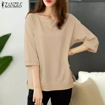 ZANZEA Женская повседневная однотонная свободная блузка с круглым вырезом и рукавами 3/4 M жёлтый