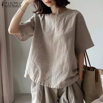 ZANZEA Женская повседневная однотонная свободная блузка с круглым вырезом и коротким рукавом XL белый