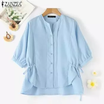 ZANZEA Женская повседневная однотонная свободная блузка с v-образным вырезом и рукавами 3/4