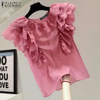 ZANZEA Женская повседневная однотонная свободная блузка с круглым вырезом и короткими рукавами S чёрный