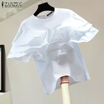 ZANZEA Женская повседневная однотонная свободная блузка с круглым вырезом и рюшами с короткими рукавами 3XL белый