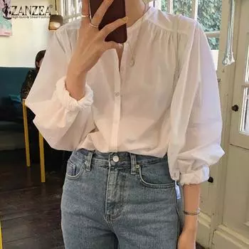 ZANZEA Женская повседневная однотонная свободная блузка с круглым вырезом и длинным рукавом 4XL белый