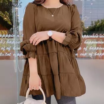 ZANZEA Женская повседневная однотонная свободная блузка с круглым вырезом и длинными рукавами S чёрный