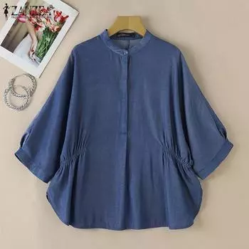 ZANZEA Женская повседневная однотонная свободная блузка с круглым вырезом и рукавами 3/4 S темно-синий