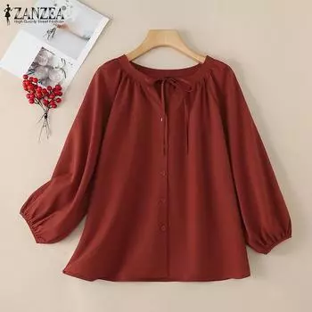 ZANZEA Женская повседневная однотонная свободная блузка с V-образным вырезом и рукавом 3/4 S бежевый