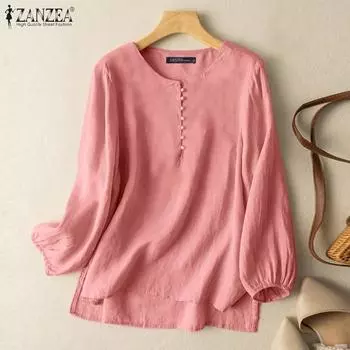 ZANZEA Женская повседневная однотонная свободная блузка с круглым вырезом и длинными рукавами S белый