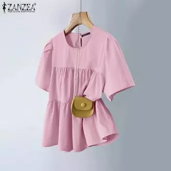 ZANZEA Женская повседневная однотонная свободная блузка с коротким рукавом и круглым вырезом M розовый