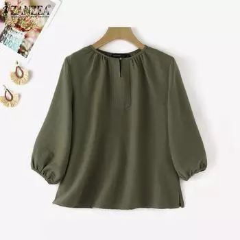 ZANZEA Женская повседневная однотонная свободная блузка с круглым вырезом и рукавами 3/4 L зелёный