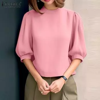 ZANZEA Женская повседневная однотонная свободная блузка с круглым вырезом и половиной рукавов S хаки