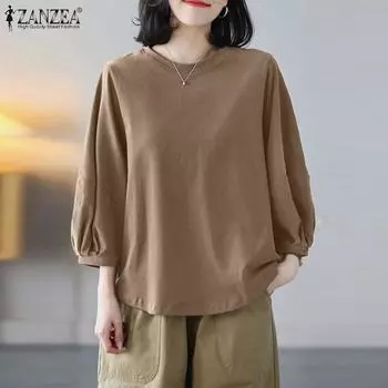 ZANZEA Женская повседневная однотонная свободная блузка с круглым вырезом и рукавами 3/4 S чёрный