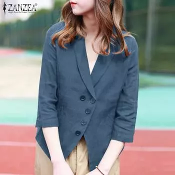 ZANZEA Женская повседневная однотонная свободная блузка с V-образным вырезом и рукавом 3/4 S чёрный