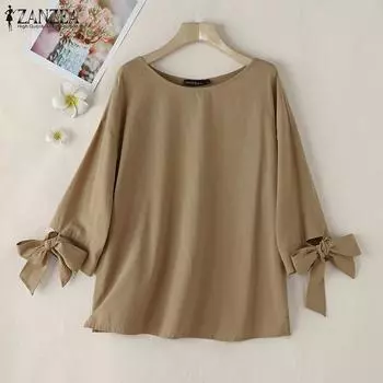 ZANZEA Женская повседневная однотонная свободная блузка с круглым вырезом и рукавом 3/4 S темно-синий