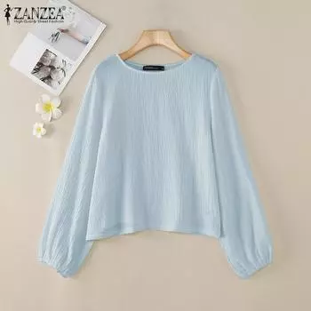 ZANZEA Женская повседневная однотонная свободная блузка с круглым вырезом и длинными рукавами S белый