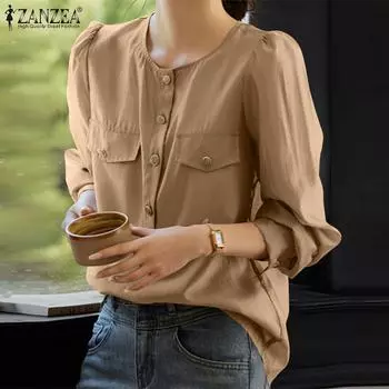 ZANZEA Женская повседневная однотонная свободная блузка с круглым вырезом и длинными рукавами XL темно-синий