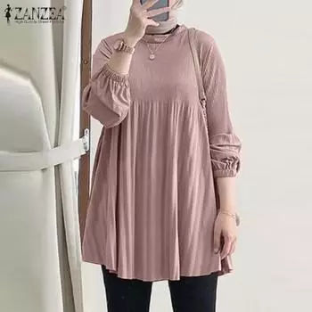 ZANZEA Женская повседневная однотонная свободная блузка с круглым вырезом и длинными рукавами S чёрный