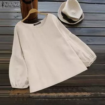 ZANZEA Женская повседневная однотонная свободная блузка с круглым вырезом и рукавом девять четвертей S темно-синий