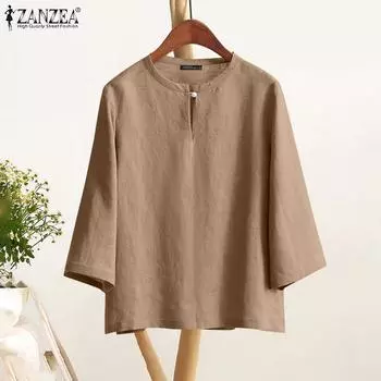 ZANZEA Женская повседневная однотонная свободная блузка с круглым вырезом и рукавом 3/4 S хаки