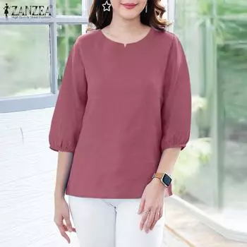 ZANZEA Женская повседневная однотонная свободная блузка с V-образным вырезом и рукавом 3/4 S камео розовый