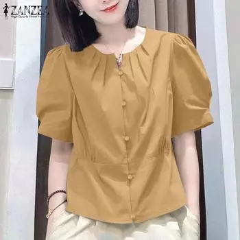 ZANZEA Женская повседневная однотонная свободная блузка с V-образным вырезом и коротким рукавом S хаки