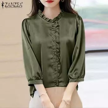 ZANZEA Женская повседневная однотонная свободная блузка с круглым вырезом и рукавом 3/4 S зелёный
