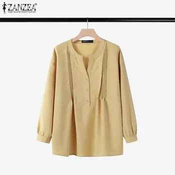 ZANZEA Женская повседневная однотонная свободная блузка с V-образным вырезом и длинным рукавом S чёрный