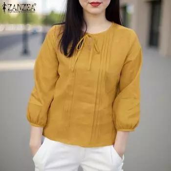 ZANZEA Женская повседневная однотонная свободная блузка с круглым вырезом и рукавом 3/4 S темно-синий