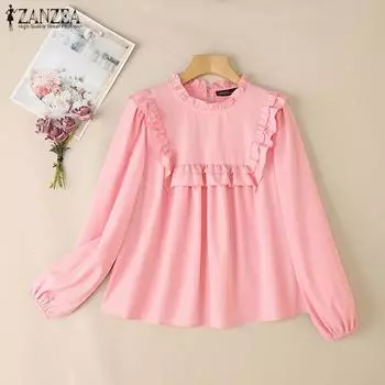 ZANZEA Женская повседневная однотонная свободная блузка с круглым вырезом и длинным рукавом S розовый